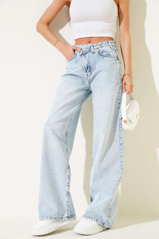 Çapraz Çift Düğmeli Palazzo Kot Pantolon Buz Mavisi