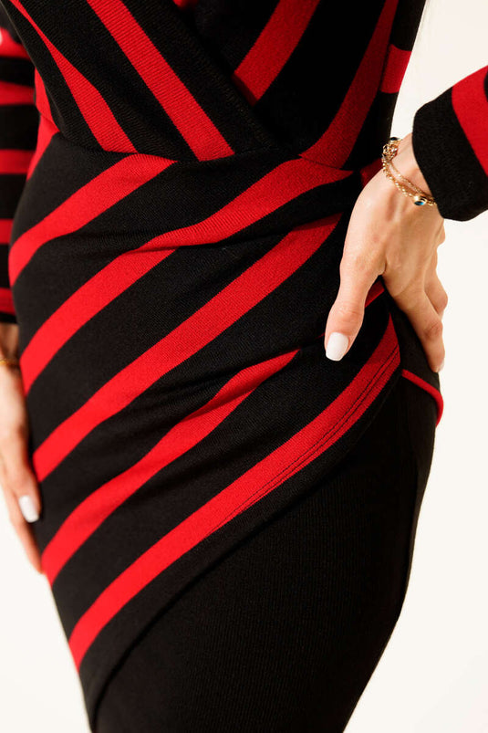 Cross-Striped V-Neck Knit Dress, Red