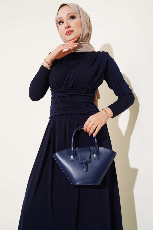 Çapraz Drapeli Sandy Elbise Lacivert