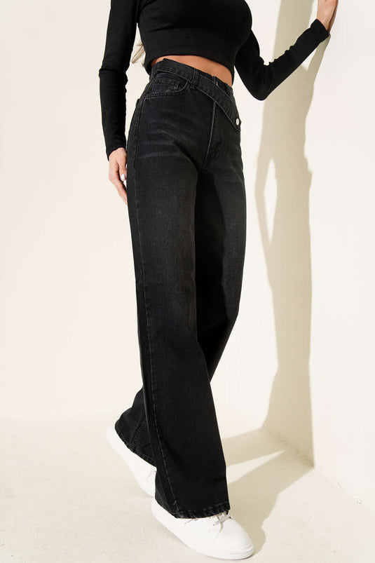 Çapraz Düğme Detaylı Palazzo Kot Pantolon Siyah