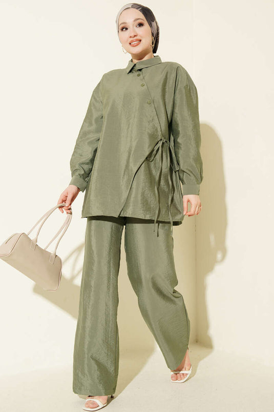 Ensemble double parachute kaki à boutons croisés et liens