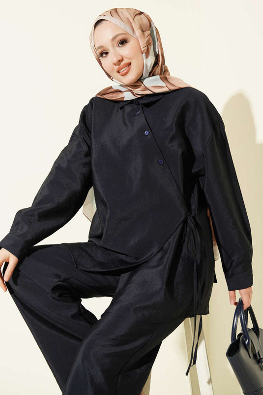 Cross-Buttoned Drawstring Parachute Two-Piece Set Navy Blue