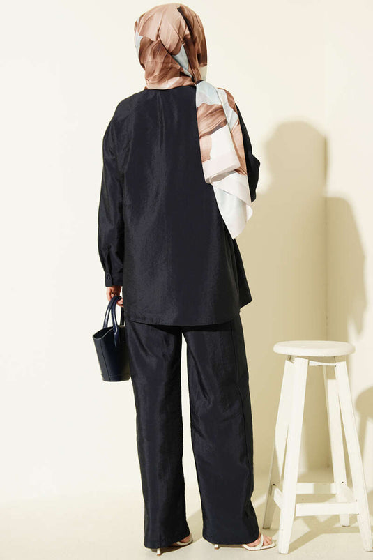 Cross-Buttoned Drawstring Parachute Two-Piece Set Navy Blue