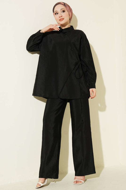 Çapraz Düğmeli Bağcıklı Paraşüt İkili Takım Siyah