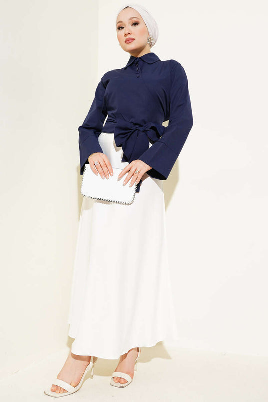 Cross Buttoned Short Shirt Navy Blue