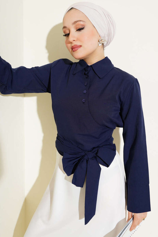 Cross Buttoned Short Shirt Navy Blue