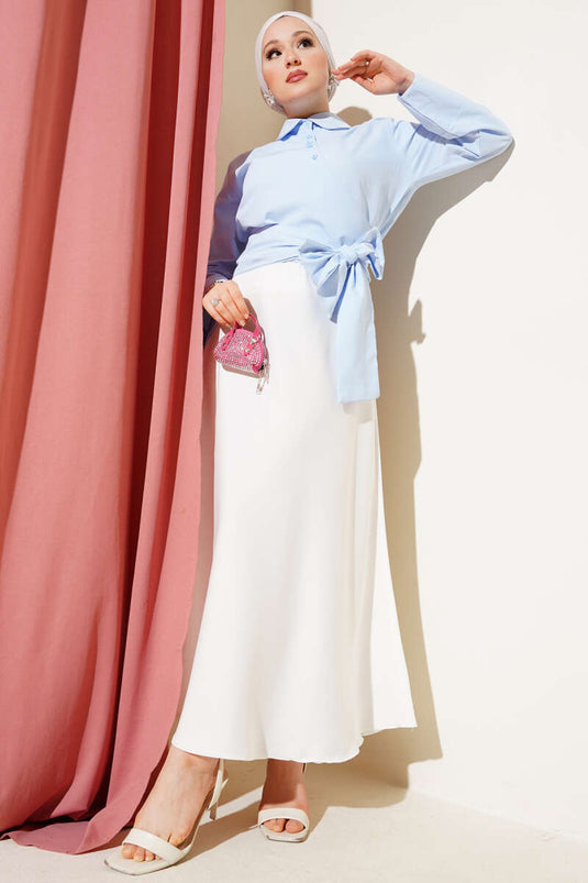 Çapraz Düğmeli Bağlamalı Kısa Gömlek Mavi