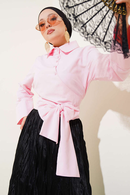 Diagonal Button-Down Short Shirt Pink