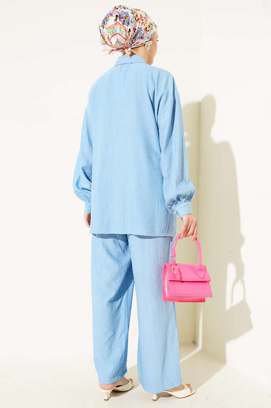 Cross-Buttoned Tie-Up Tunic Two-Piece Set, Baby Blue