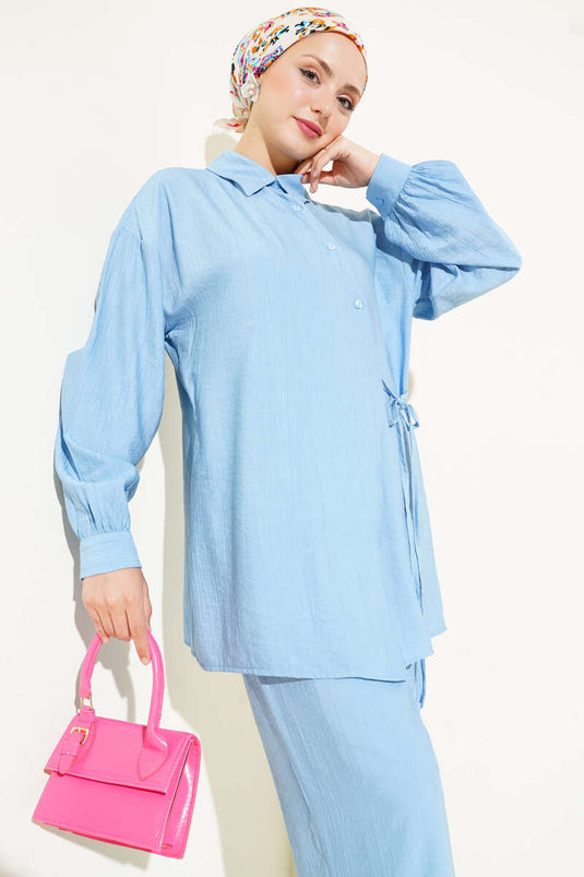 Cross-Buttoned Tie-Up Tunic Two-Piece Set, Baby Blue