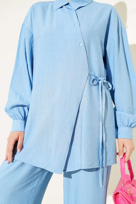 Cross-Buttoned Tie-Up Tunic Two-Piece Set, Baby Blue