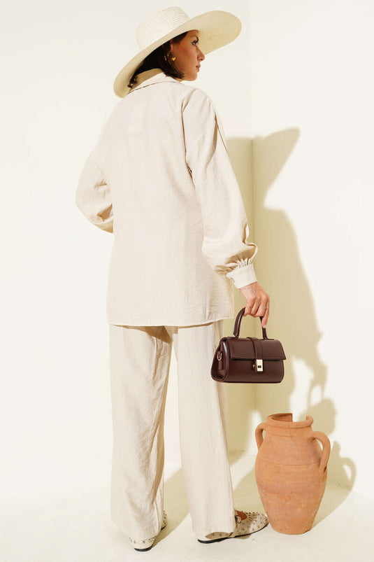 طقم تونيك بأزرار متقاطعة من قطعتين، بيج