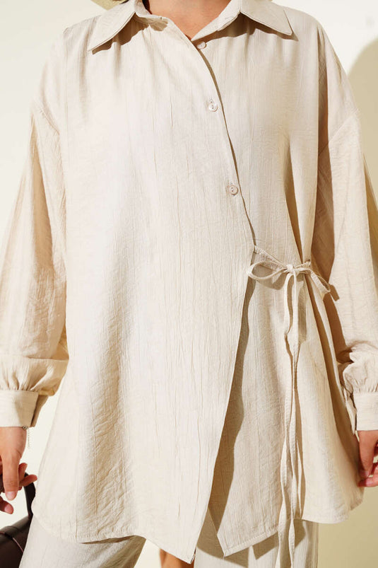 طقم تونيك بأزرار متقاطعة من قطعتين، بيج