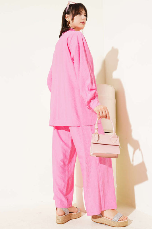 Cross-Buttoned Tie-Up Tunic Two-Piece Set Pink