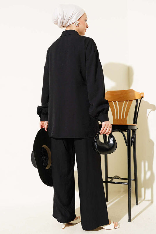 Cross-Buttoned Tie-Up Tunic Two-Piece Set, Black