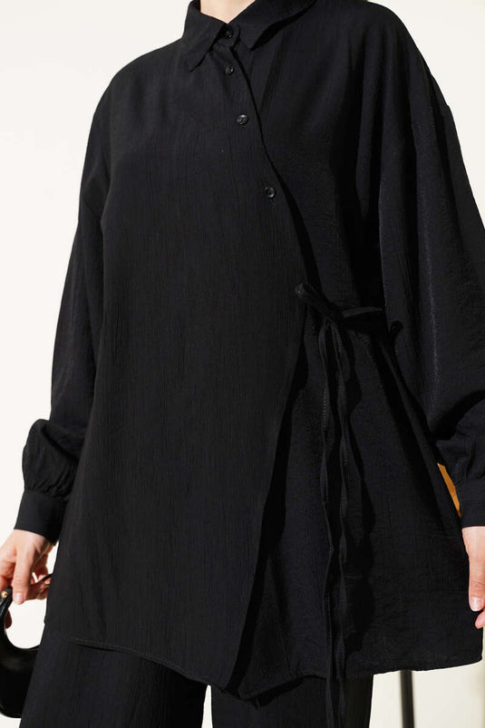 Cross-Buttoned Tie-Up Tunic Two-Piece Set, Black