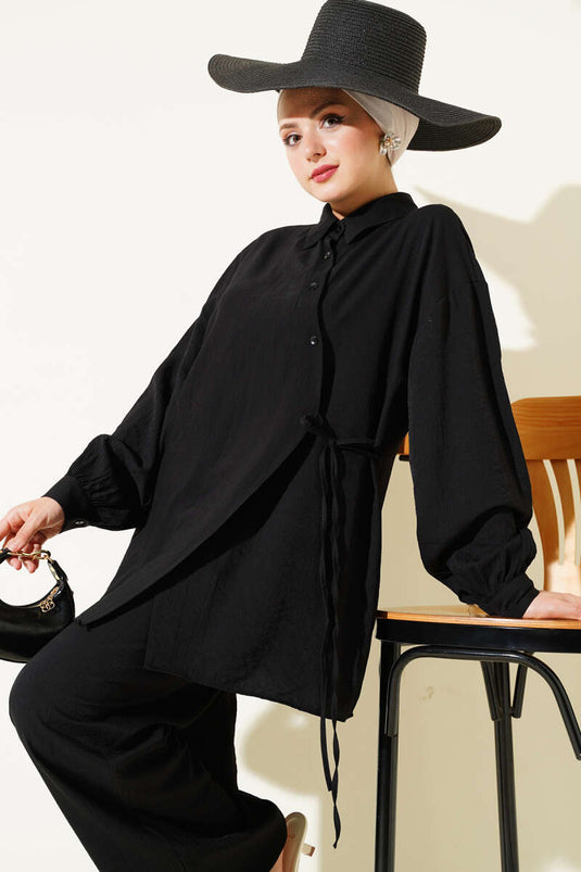 Cross-Buttoned Tie-Up Tunic Two-Piece Set, Black