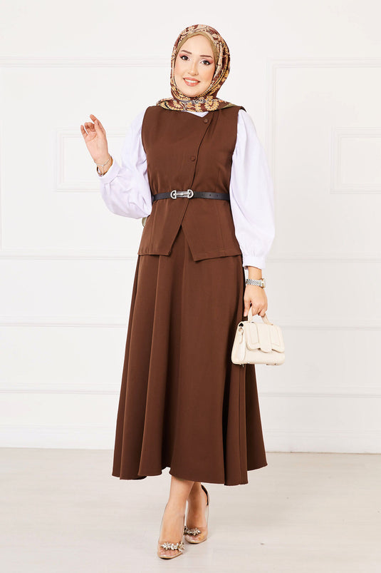 Cross Button Skirted Two-Piece Modest Set Coffee