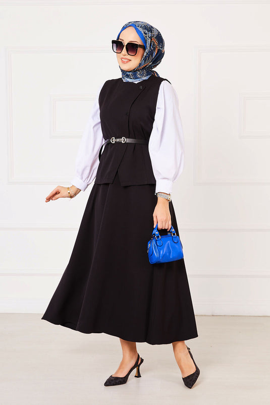 Cross Button Skirted Two-Piece Modest Set Black