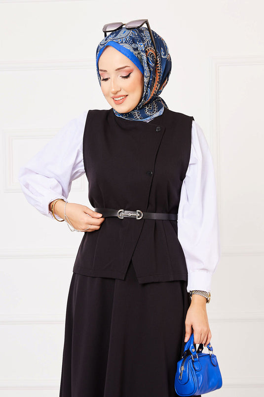 Cross Button Skirted Two-Piece Modest Set Black