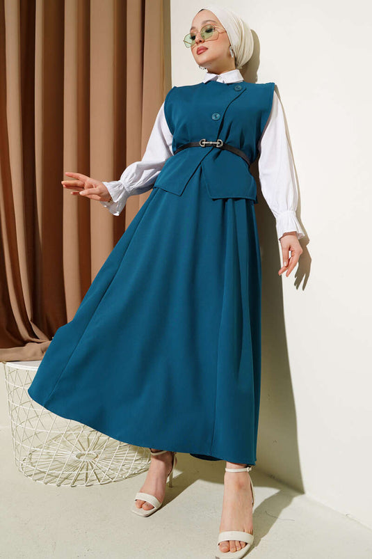 Double-Piece Suit with Cross Buttons and Belt and Skirt Petrol