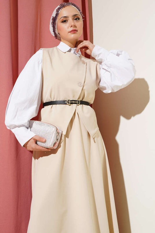 Çapraz Düğmeli Kemerli Etekli Dabıl İkili Takım Taş