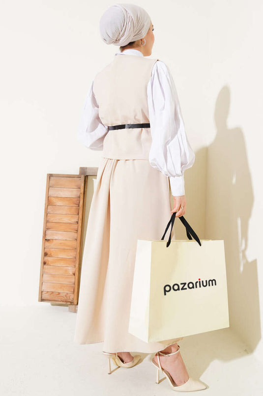 Beige Double Set with Cross Button and Belted Skirt