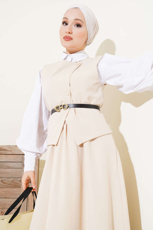 Beige Double Set with Cross Button and Belted Skirt