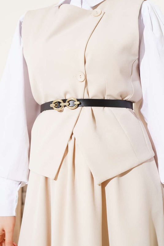 Beige Double Set with Cross Button and Belted Skirt