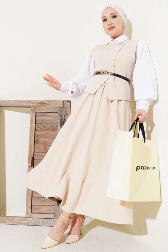 Beige Double Set with Cross Button and Belted Skirt