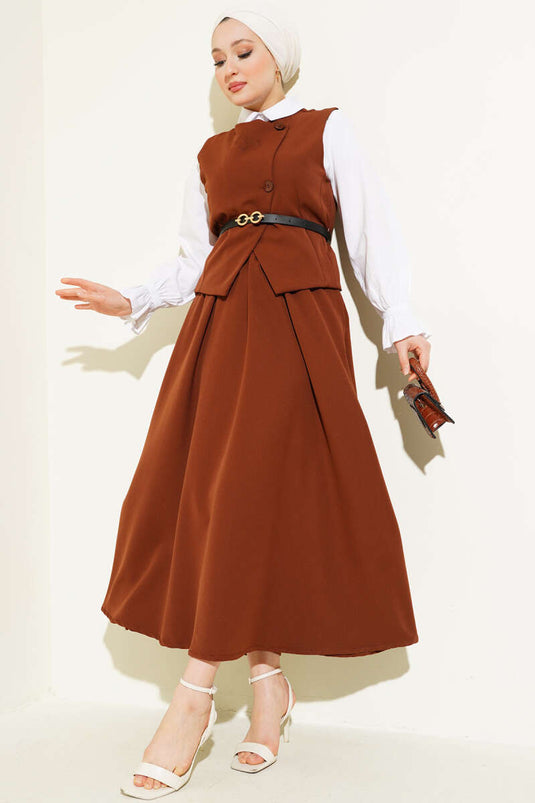 Cross Buttoned Belted Skirted Two Piece Suit Brown