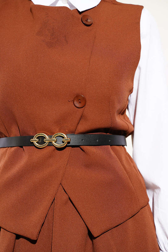 Cross Buttoned Belted Skirted Two Piece Suit Brown