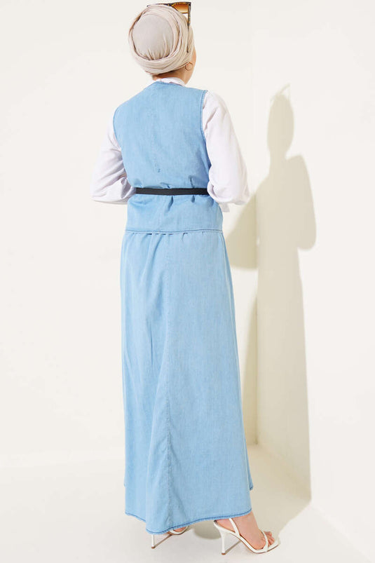 Cross Button Belted Skirted Denim Suit Ice Blue