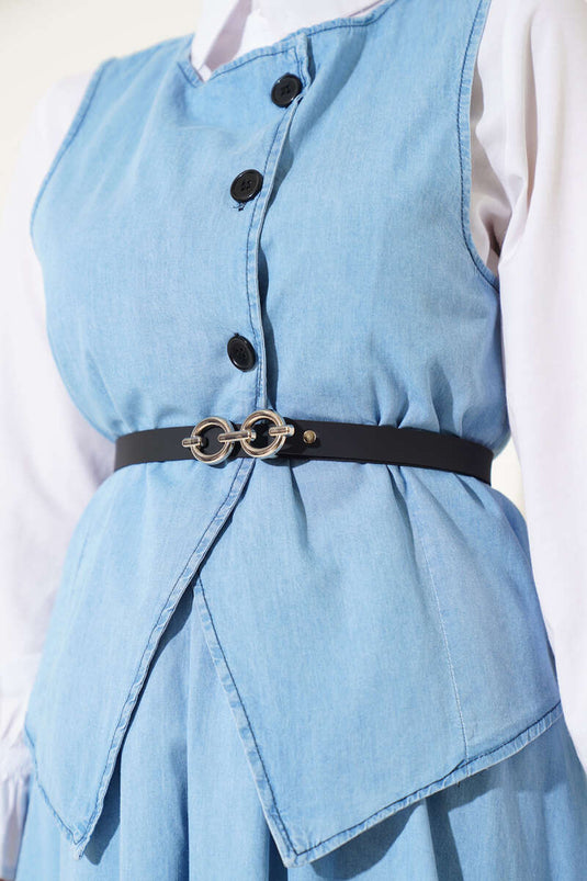 Cross Button Belted Skirted Denim Suit Ice Blue