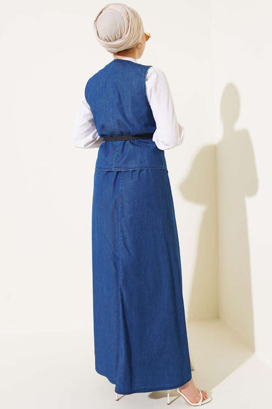 Denim Suit with Cross Buttoned Belt and Skirt Dark Blue