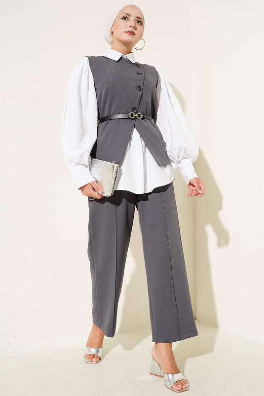 Çapraz Düğmeli Kemerli Yelekli İkili Takım Antrasit