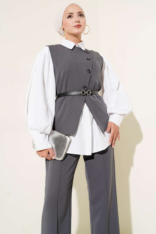 Çapraz Düğmeli Kemerli Yelekli İkili Takım Antrasit