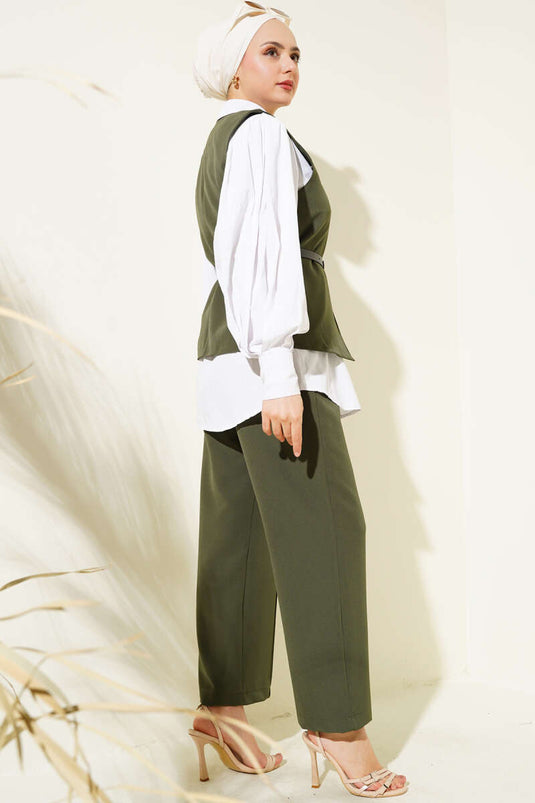 Çapraz Düğmeli Kemerli Yelekli İkili Takım Haki