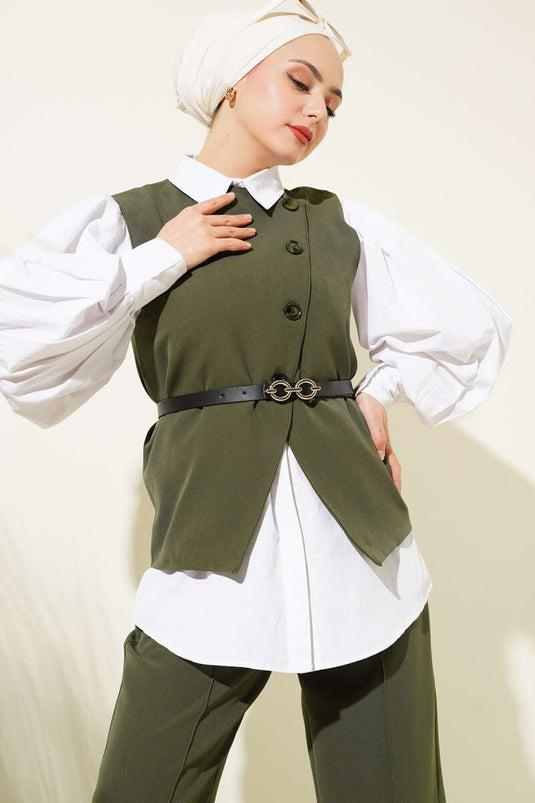 Çapraz Düğmeli Kemerli Yelekli İkili Takım Haki