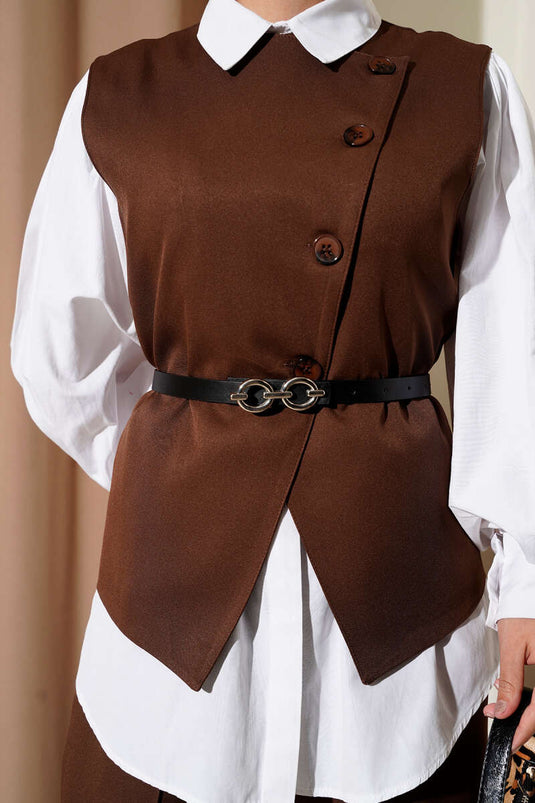 Çapraz Düğmeli Kemerli Yelekli İkili Takım Kahve