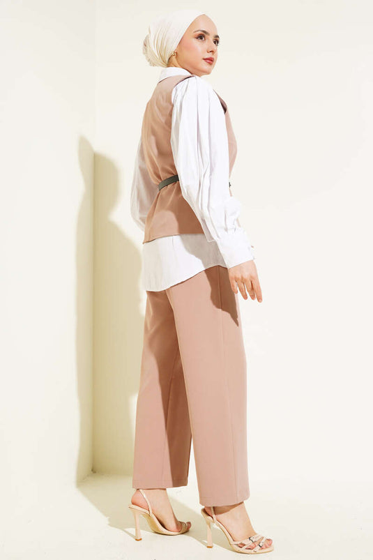 Cross Buttoned Belted Vest Set Latte