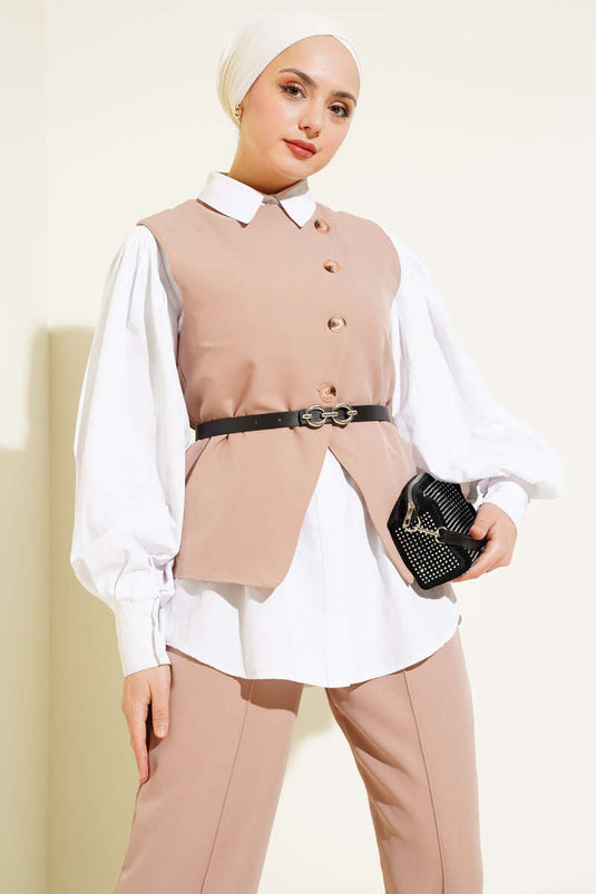 Cross Buttoned Belted Vest Set Latte