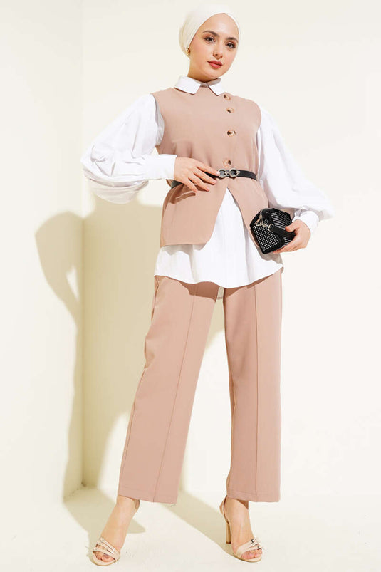 Cross Buttoned Belted Vest Set Latte