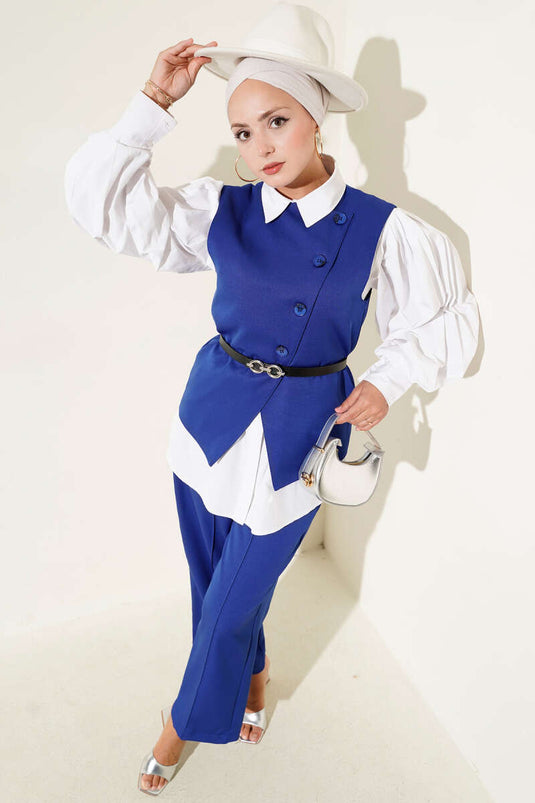 Çapraz Düğmeli Kemerli Yelekli İkili Takım Saks