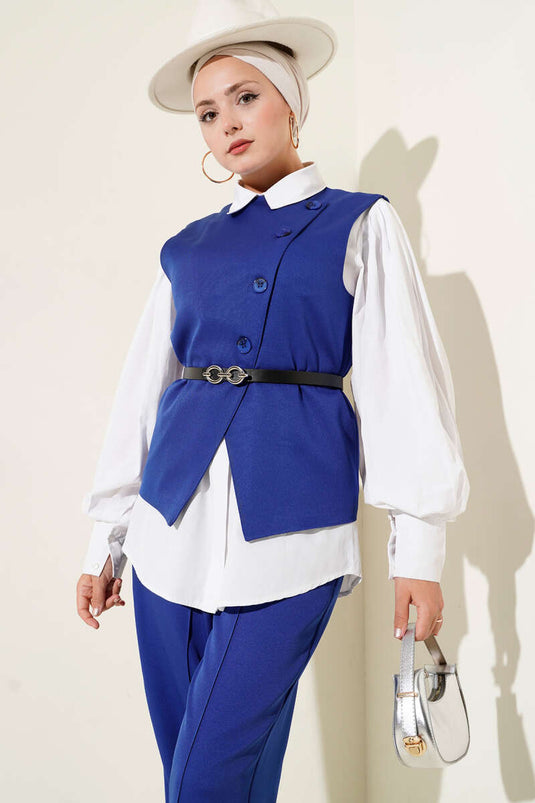 Çapraz Düğmeli Kemerli Yelekli İkili Takım Saks