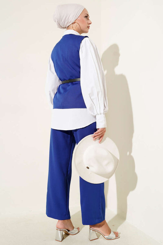 Çapraz Düğmeli Kemerli Yelekli İkili Takım Saks