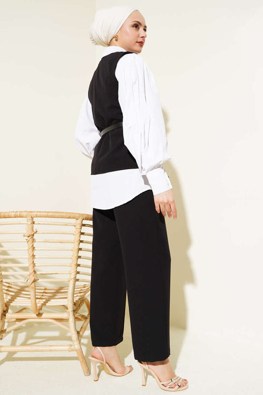 Costume deux pièces noir avec gilet et ceinture à boutons croisés