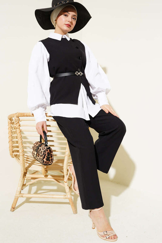 Costume deux pièces noir avec gilet et ceinture à boutons croisés