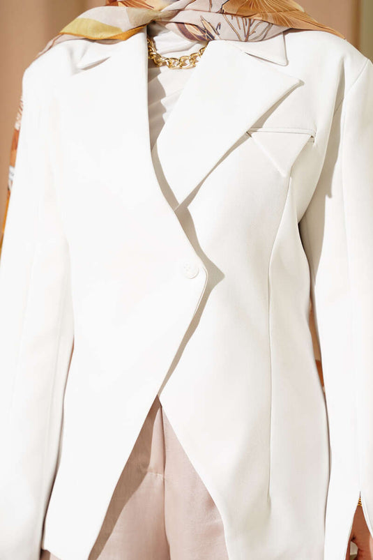 Cross-buttoned Blazer Jacket with Shoulder Pads White