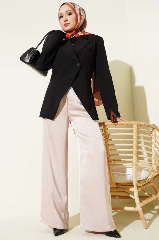 Cross-Buttoned Padded Shoulder Blazer Jacket Black